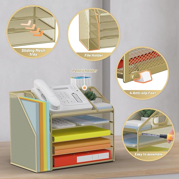 DocNest 5 Tier Paper Letter Tray File Organizer, Mesh Desk File with Handle, Workspace Desk Organizers with Pen Holder, Office Organization Storage Accessories - Gold Yellow