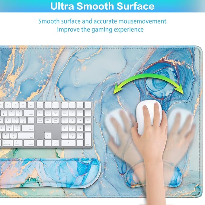 Desk Mat Blue, Large Gaming Mouse Pad with Wrist Rest, 4in1 XXL Mousepad+Keyboard Wrist Rest+Mouse Pad Wrist Support+Cup Coaster Set Ergonomic Computer Desk Arm Wrist for Decor Home Office Table Women