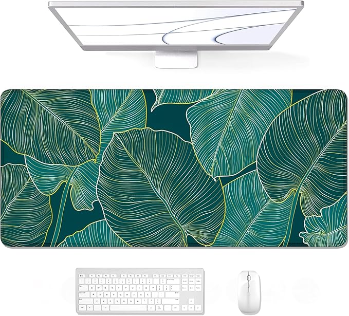 Auhoahsil Desk Pad, XL Extended Large Gaming Mouse Pad 31.5 x 11.8 Inch, Waterproof Mousepad with Stitched Edge, Non-Slip Computer Keyboard Laptop Mat for Women Men Office Work, Teal Tropical Leaves