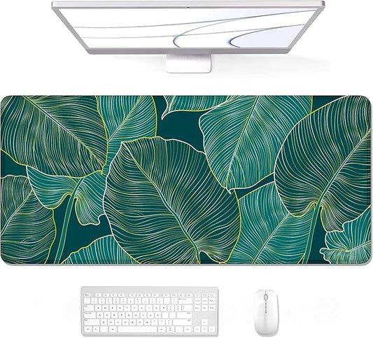 Auhoahsil Desk Pad, XL Extended Large Gaming Mouse Pad 31.5 x 11.8 Inch, Waterproof Mousepad with Stitched Edge, Non-Slip Computer Keyboard Laptop Mat for Women Men Office Work, Teal Tropical Leaves