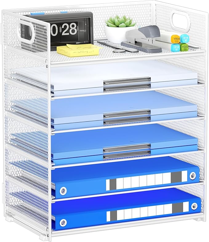 6 Tier Paper Organizer for Desk File Organizer with Handle Mesh Paper Letter Tray Organization for Desktop Document Holder for Office, Home & School-White