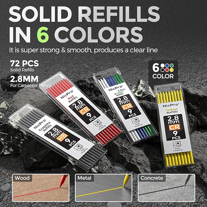 Nicpro 4 Pack CP3000 Carpenter Pencils with Sharpener, Mechanical Pencil Set with 76 Refills, Heavy Duty Construction Pencil, Carpenter Tools for Working Architect Marking (Red, Black, Yellow, Green)