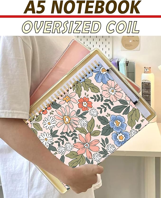 Spiral Notebook A5, Hardcover Journal for Women, 120 Pages Thick College Ruled Paper, Perfect for Office, School, or Home Use(Elegant Floral)