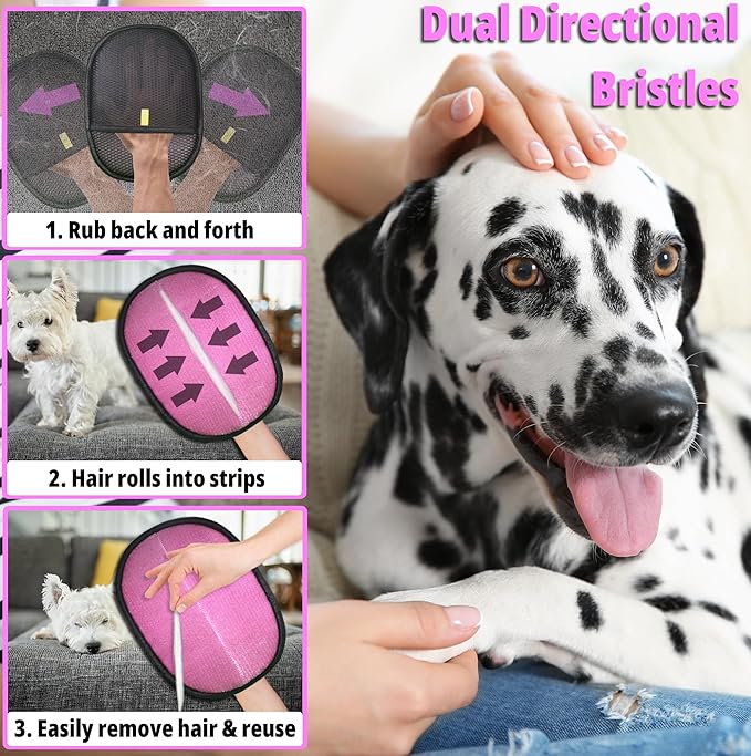 Pet Hair Removal Glove for Cats & Dogs - Reusable Electrostatic Pet Hair Remover Tool for Furniture, Couch, Carpet, Clothing & Car Seats - Pink and Black