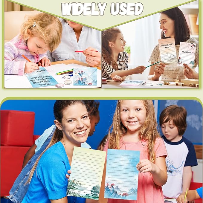 TaoBary 160 Pcs Stationery Paper Set 50 Double Sided Stationery Papers with 50 Matching Envelopes and 60 Round Dot Sticker, 10 Design(Ink Painting,8.5 x 11 Inch)