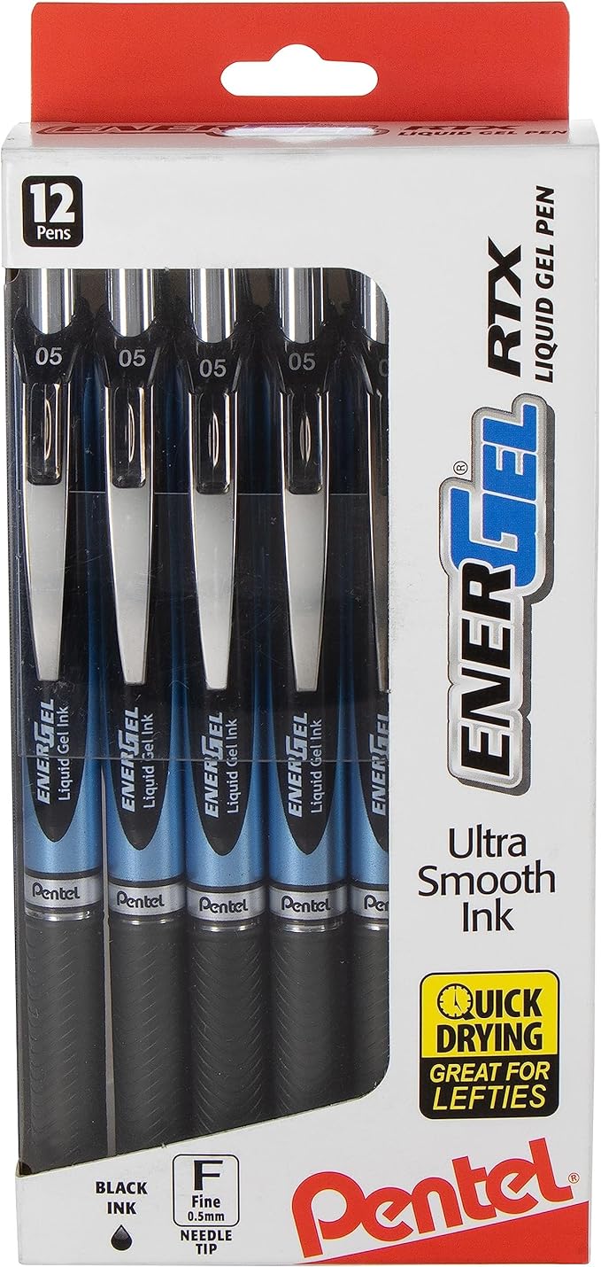 Pentel EnerGel RTX Retractable Liquid Gel Pen, (0.5mm) Needle Tip, Fine Line, Black Ink, 12 Pack Window Box