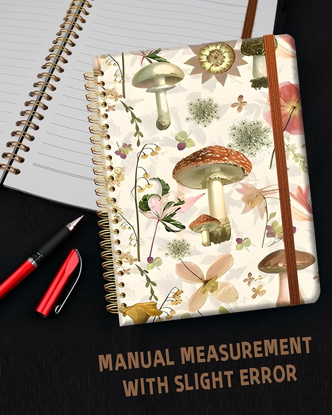 Ruled Spiral Writing Notebook,A5 Hardcover Lined College Journal for Women,Strong Twin-Wire Binding with Premium Paper,8.4" X 6",Perfect for School,Office,Home(Mushroom Garden)