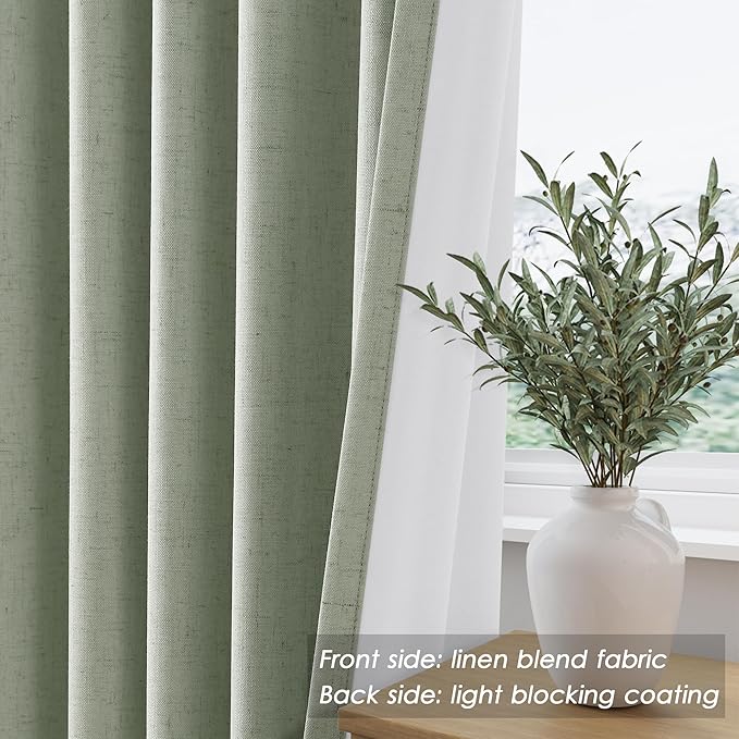 Full Black Out Mist Sage Window Curtains 108 Inches Long Loop Pocket Rod Pocket Sound Absorbing Light Blocking 2 Panels Set for Dining Room Neutral Rustic Modern Farmhouse Curtains Drapes 52x108