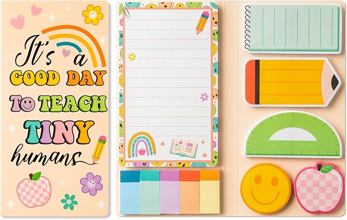B1ykin Sticky Notes Set - Cartoon Theme Cute Self-Stick Notes Pad Teacher Appreciation Gifts， Self-Adhesive Writing Memo Pages Sticky to Do Notepad for Kids Employee School Office (Retro Teacher)