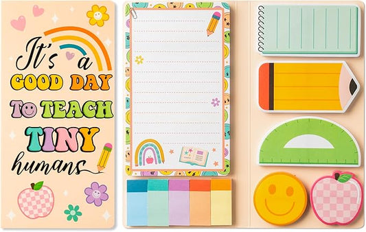 B1ykin Sticky Notes Set - Cartoon Theme Cute Self-Stick Notes Pad Teacher Appreciation Gifts， Self-Adhesive Writing Memo Pages Sticky to Do Notepad for Kids Employee School Office (Retro Teacher)
