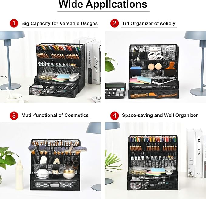 Marbrasse Mesh Pen Holder for Desk, Multi-Functional Pencil Organizer with Drawer, Desk Organizers and Accessories for Office Art Supplies (Large Black)