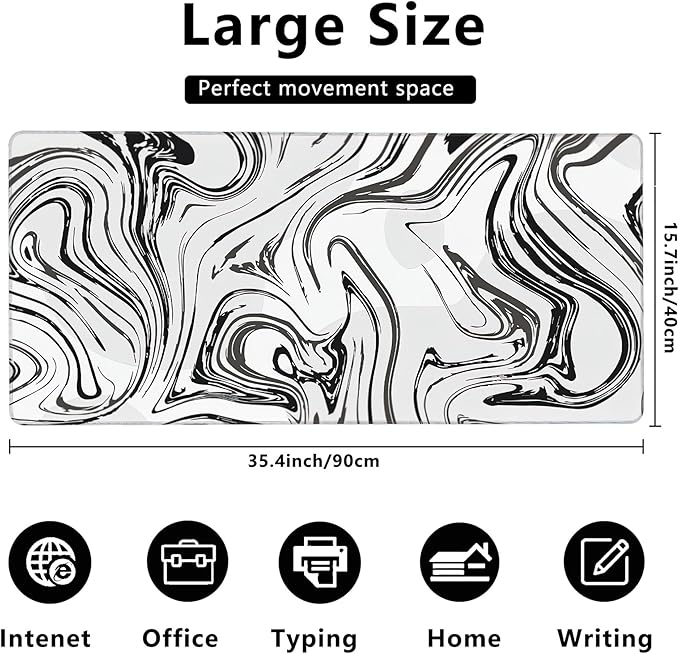 MIOAOSRT Desk Mat,Abstract Black and White Marbling Extended Gaming Mouse Pad,Large Non-Slip Rubber Base Mousepad with Stitched Edges,Waterproof Mouse Mat Desk Pad for Office Game Home 35.4x15.75 in