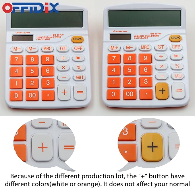 OFFIDIX Office Solar Desktop Calculator and Battery Dual Power Portable Electronic Calculator 12 Digits Large LCD Display Calculator Orange