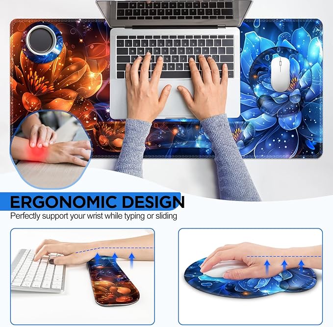 AIMSA Desk Mat Set, Large Gaming Mouse Pad with Wrist Rest, Ergonomic Mouse Pad and Keyboard Mat Wrist Support for Home Office Desk Accessories Decor -Fire and Ice Flower