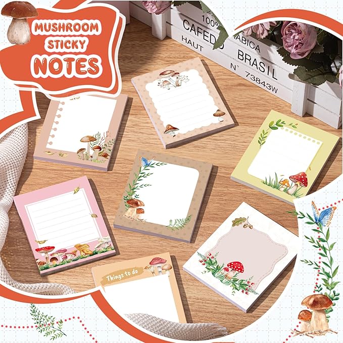Sabary 9 Pads Cute Sticky Notes Animal Sticky Note Pads 3.15 x 3.94 Inches Colored Adhesive Memo Reminder Decor for Journal School Office Gifts(Mushroom)