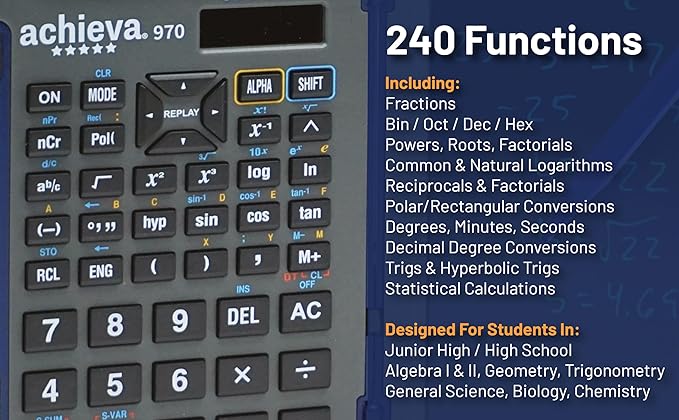 Achieva Scientific Calculator with Erasable LCD Writing Tablet | 2-Line Display | Dual Solar & Battery Power | for Students in Middle School, High School (970)