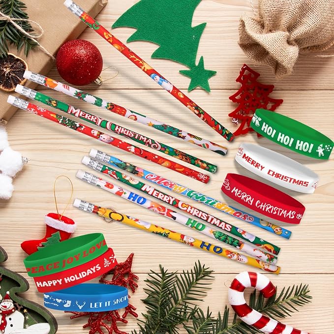 48 Pcs Christmas Pencils Set 24 Christmas Pencil with Eraser 24 Christmas Silicone Bracelets Xmas Wooden Pencils Christmas Wristband Rubber Bracelets Christmas Stocking Stuffers