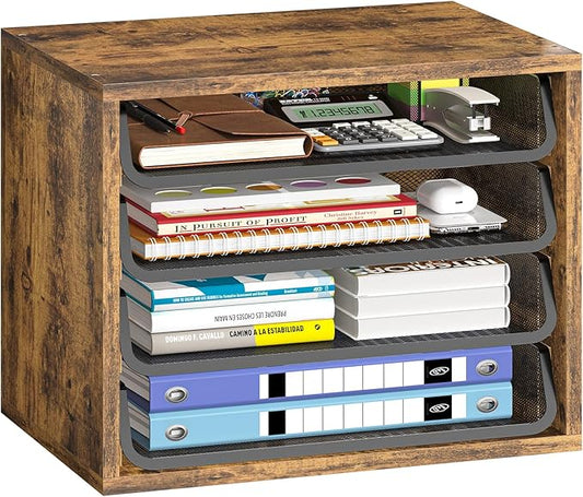 Simple Trending Desk File Organizers, 4-Tier Letter Tray Paper Organizer with File Holder, Wooden Paper Sorter for Office Supplies, Rustic Brown