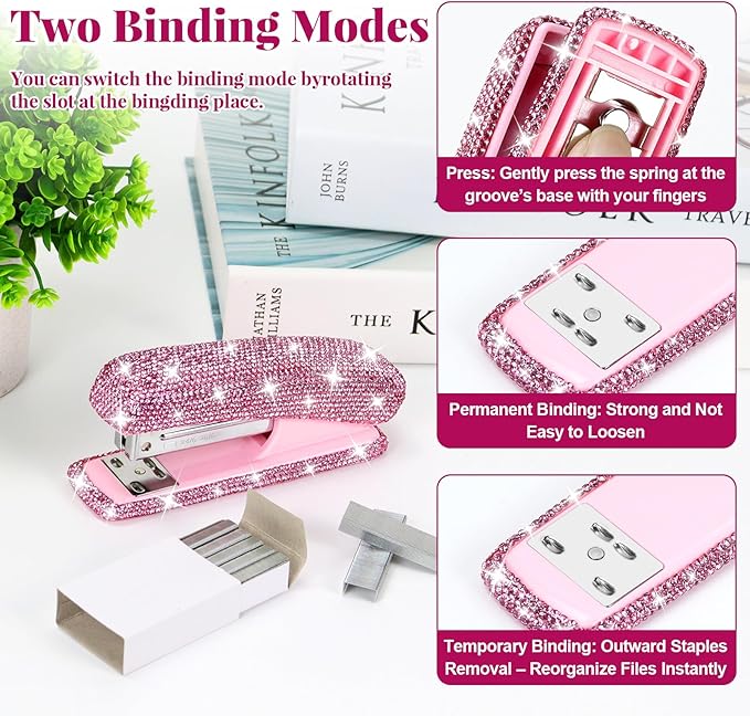 Multibey Rhinestone Stapler for Desk, Bling Crystal Handmade Stapler with 2000 Staples, Office Desktop Dazzling Staplers Rhinestone Desk Accessories for Women Office (Pure Pink