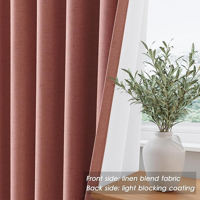 Blackout Linen Curtains 90 Inch Length 2 Panels Canyon Rose Rustic Farmhouse Back Tab Pocket Noise Reducing Drapes Thermal Insulated Flax Linen Curtains for Bedroom and Nursery Windows 52X90
