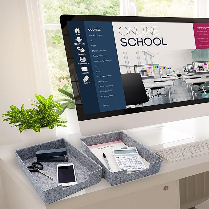 Welaxy Desk Drawer Organizer Letter Trays Felt Document File Papers Magazines Storage Sorting Box Soft Sturdy 2-piece office home fall gift solution (Light Grey)