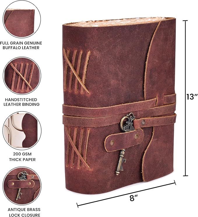 LEATHER VILLAGE Vintage Leather Journal – 200 Handmade Vintage Deckle Edge Paper – Leather bound Journal For Women Men – Vintage Key Closure - Book of Shadows - Red Brown - 13X8 inches