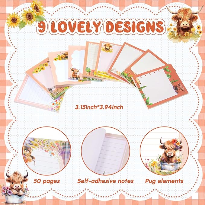 Sabary 9 Pads Cute Sticky Notes Animal Sticky Note Pads 3.15 x 3.94 Inches Colored Adhesive Memo Reminder Decor for Journal School Office Gifts(Highland Cattle)