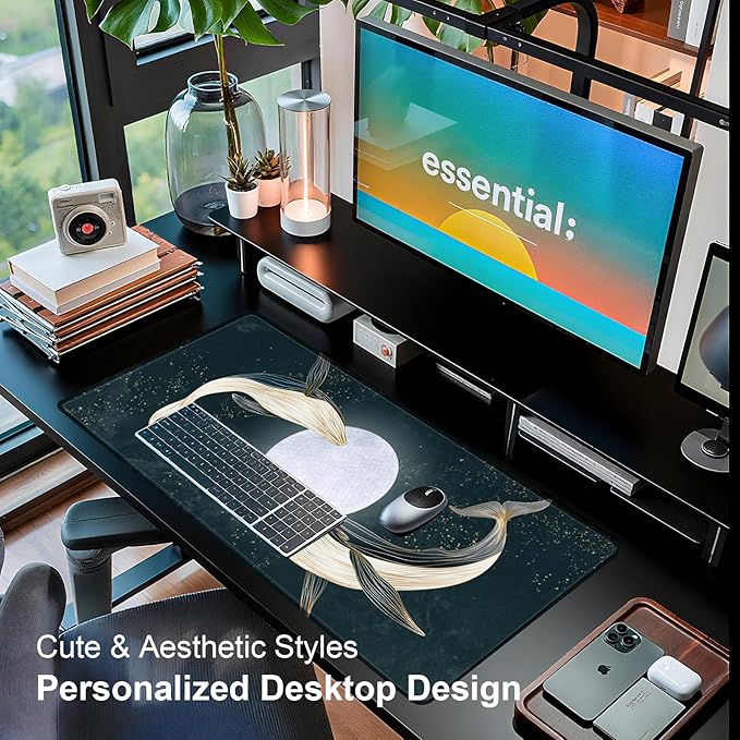 Large Desk Mat, Desk Matt for Desktop, Computer Gaming Mouse Pads, Anti-Slip Rubber Base, Stitched Edges Soft Mat for Desktop Office Home 31.5 x 11.8 Inches (Dreamy Whale)