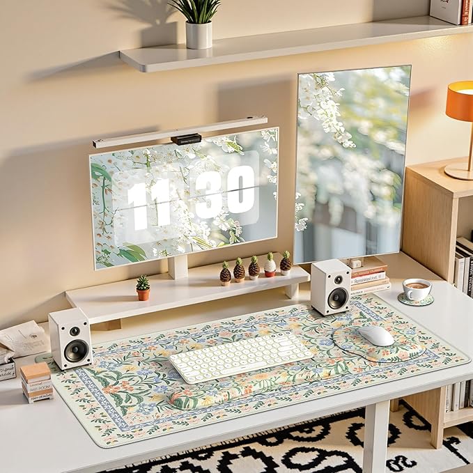 iCasso Desk Pad Mat, Large Mouse Pad and Keyboard Wrist Rest Set, Desk Protector Mat,4in1 Ergonomic Carpal Tunnel Keyboard Pad with Wrist Support for Desktop Cover Home Office Computer(Green Flowers)