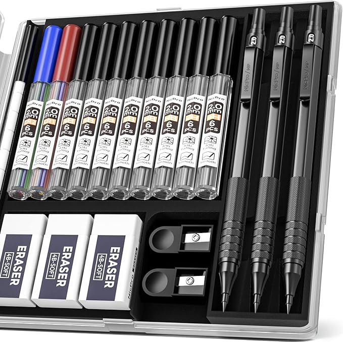 Nicpro Black Metal 2.0 Mechanical Pencil Set with Case, 3 PCS Drafting Lead Holder with 2mm Graphite Lead Refill (HB 2H 4H 2B 4B) & Colors, Sharpeners, Erasers for Artist Writing, Drawing, Sketching