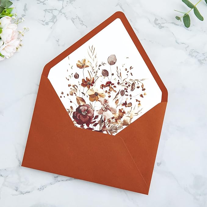 PONATIA 50PCS A7 Euro Flap Envelopes, 5.25 x 7.25'' Burnt Orange Flowers Liner Envelopes for 5x7 Wedding Invitations, Photos, Postcards, Greeting Cards, Christmas Gift Cards, Acrylic Mailing