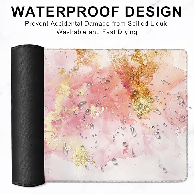 Gaming Mouse Pad, Rose and Gold Liquid Marble Large Desk Mat for Keyboard and Mouse,Non-Slip Rubber Base and Stitched Edges Desk Pad for Home Office 35.4x15.7in