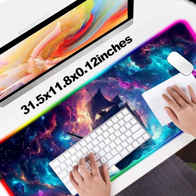 RGB Fantasy Pirate Ship Gaming Desk Mat, Computer Keyboard Large Extended Long LED Mouse Pad for Office and Home, XL (W01)