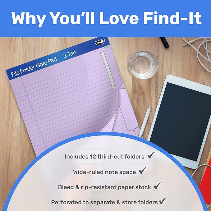 Find It File Folder Notepad - Pack of 12-9.5 x 12.5 Inch Notebook Organizer Folders for Filing, Document, and Clipboard Organization - Lavender