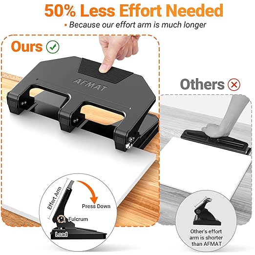 AFMAT HPX3 Heavy Duty 3 Hole Punch, 40-Sheet 3 Hole Puncher for Binder, Metal Three Hole Punch w/ 10,000+ Uses, 50% Reduced Effort, Bulit-in S.S. Paper Guide, Large Chip Tray, Black