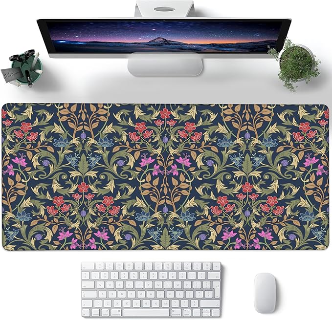Desk Pad, Retro William Morris Floral XL Gaming Mouse Pad with Stitched Edges,Non-Slip Waterproof Rubber Base Large Desk Mat for Keyboard and Mouse 31.5"x11.8"