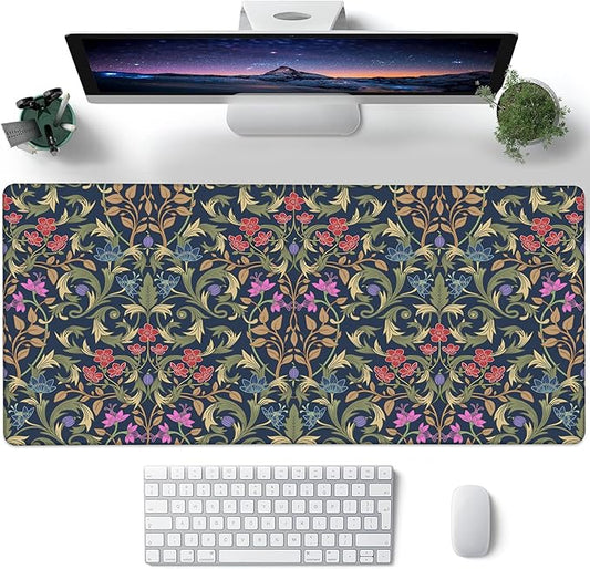 Desk Pad, Retro William Morris Floral XL Gaming Mouse Pad with Stitched Edges,Non-Slip Waterproof Rubber Base Large Desk Mat for Keyboard and Mouse 31.5"x11.8"