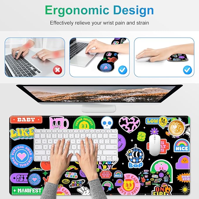 Gaming Mouse Pad Keyboard Wrist Support, 4 in1 Mousepad with Wrist Keyboard Rest, Computer Desk Mat, Non-Slip Desk Pad Protector with Memory Foam Easy Typing Pain Relief I Cute Funny Style