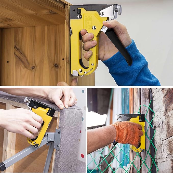 HAUTMEC 3-in-1 Heavy Duty Staple Gun Kit – Chromed Steel Upholstery Stapler with 600 Staples, Quick-Jam Clear, Adjustable Driving Force & Rapid Loading – HT0430