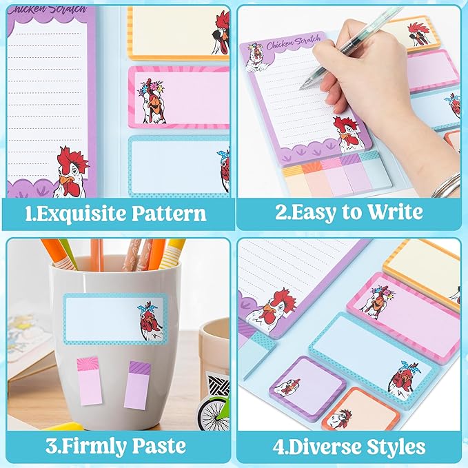 B1ykin Sticky Notes Set, Cartoon Theme Cute Self-Stick Notes Pad Teacher Appreciation Gifts， Self-Adhesive Writing Memo Pages Sticky to Do Notepad Thank You Gift for School (New Funny Chickens)