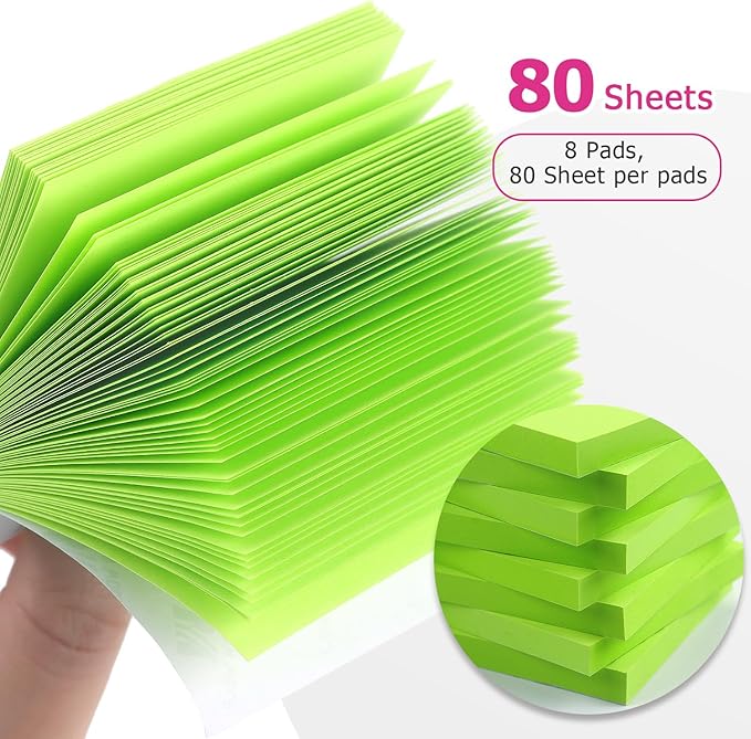 Sticky Notes 3x3 Self-Stick Notes Bright Colors Sticky Notes 8 Pads 80 Sheet/Pad (Green)