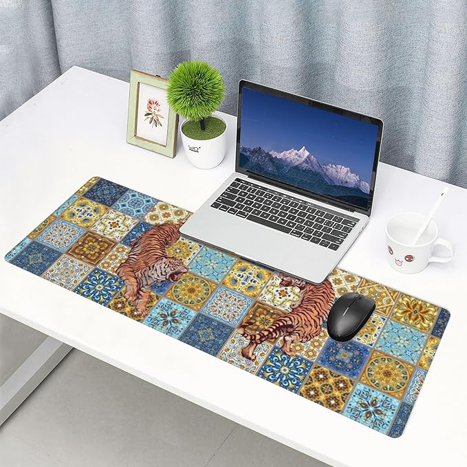 Mexican Tile Tiger Large Mouse Pad, Vintage Aesthetic Gaming Desk Mat, XL Keyboard Desk Pad Mat for Desktop, 31.5"x11.8" Non-Slip Base Big Mousepad with Stitched Edges