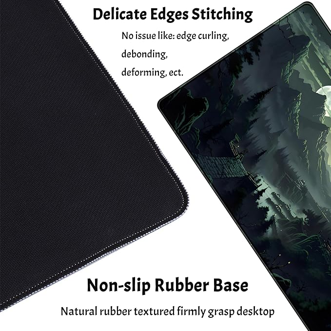XXL Large Gaming Mouse Pad Anime Green Moon Mountains Desk Mat, Desk Decor Mousepad Computer Mat, Non-Slip Rubber Base Desk Pad, Laptop Keyboard and Mouse Mat with Stitched Edges, 31.5x15.75 in