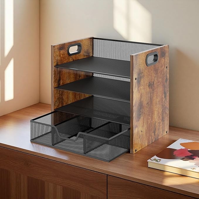 Wood Desk Organizer - 4-Tier Desktop File Organizer with Drawer, Wooden Paper Tray, Office Desk Organizer for Papers, Mail, Notebooks, Stationery