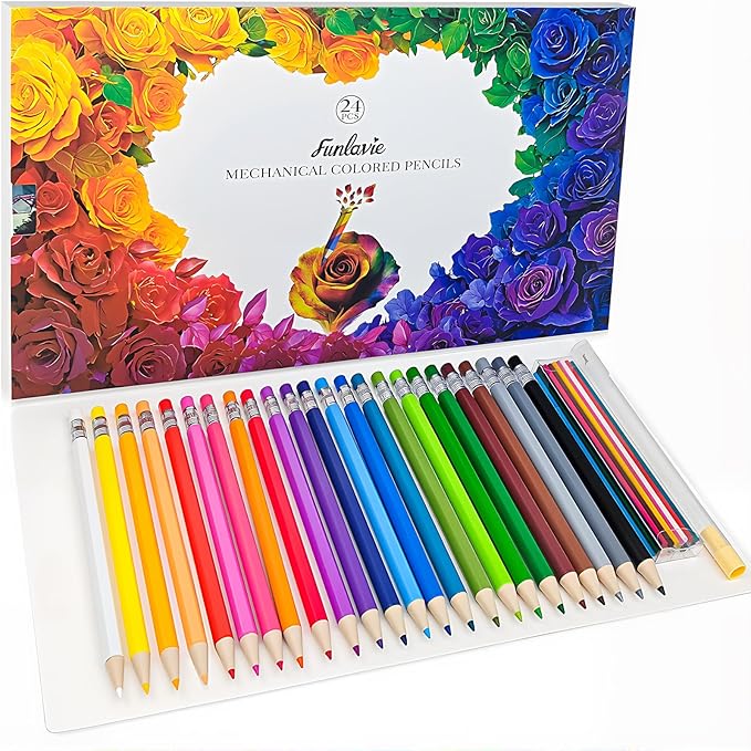 24 Mechanical Colored Pencils with 24 Lead Refills for Adult Coloring Books, 2.6mm Oil-Based Soft Core Drawing Pencils, Vividly Brilliant Colors for Art & Sketching, with Sharpener