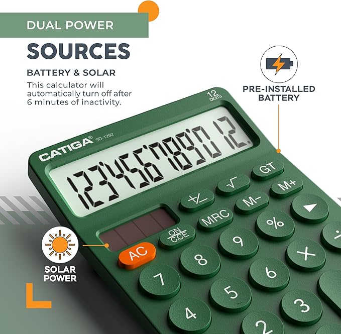 CATIGA 12 Digit Desktop Calculator Basic Desk Calculator with Large LCD Display, Big Buttons, 4 Function, Solar and Battery Dual Power, for Office, School, Home, SD-1292 Green