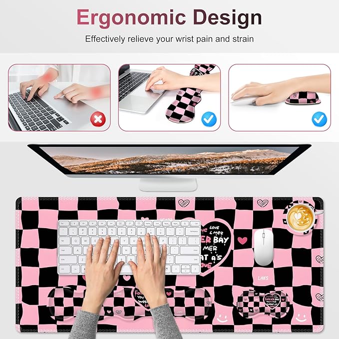 Desk Mat Gaming Mouse Pad, Cute Desk Matt Keyboard Wrist Rest for Desktop, Anti-Slip Big Mousepad Stitched Edges, XXL Large Mouse Pad with Wrist Support for Home Office I Pink Black True Love