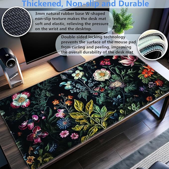 Dark Floral Mouse Pad XL Gaming Mouse Pads Floral Desk Mat for Desk Extra Large Computer Pad 31.5 x 15.7 in Pretty Colorful Flower Design Keyboard Mouse mat for Desk Decor