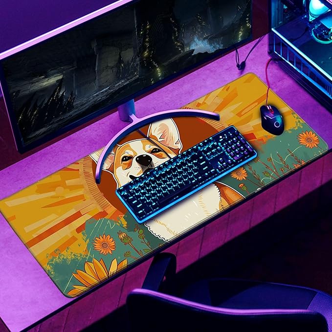 Cute Dog Mouse Desk Pad Kawaii Yellow Desk Mat Desk Decor Large Gaming Mouse Pad For Desk Mousepad Computer Office Keyboard Laptop Big Corgi Mouse Pad Xl(31.5x11.8 In)-With Non-Slip Base Stitched Eges