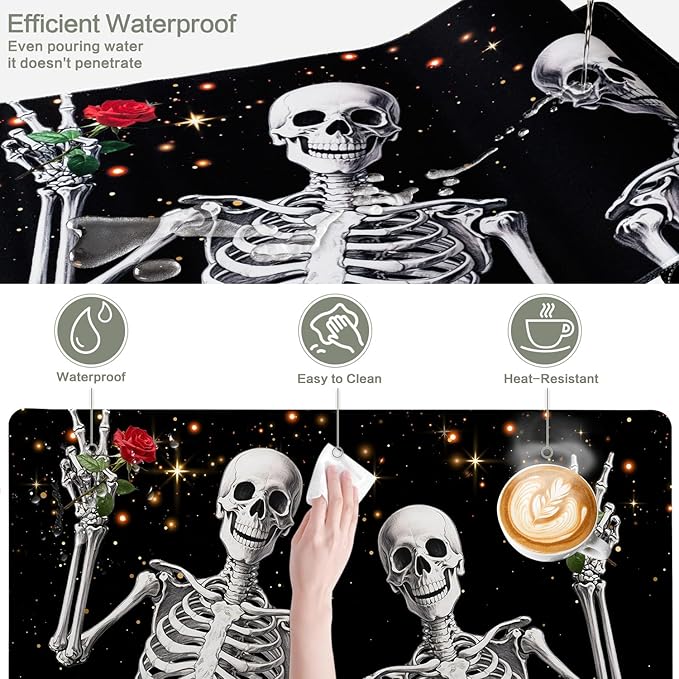 Love, Roses and Skulls Mouse Pad Desk Mat, Waterproof Black XXL Extended Large Gaming Mouse Pad Halloween Skull Rose Desk Pad Mousepad XXL Extended Keyboard Mat Mouse Mat, 31.5 x 15.7 in